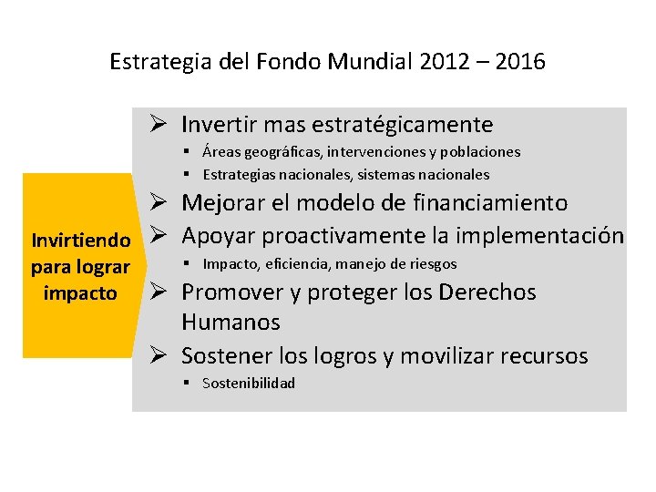 Estrategia del Fondo Mundial 2012 – 2016 Ø Invertir mas estratégicamente § Áreas geográficas,