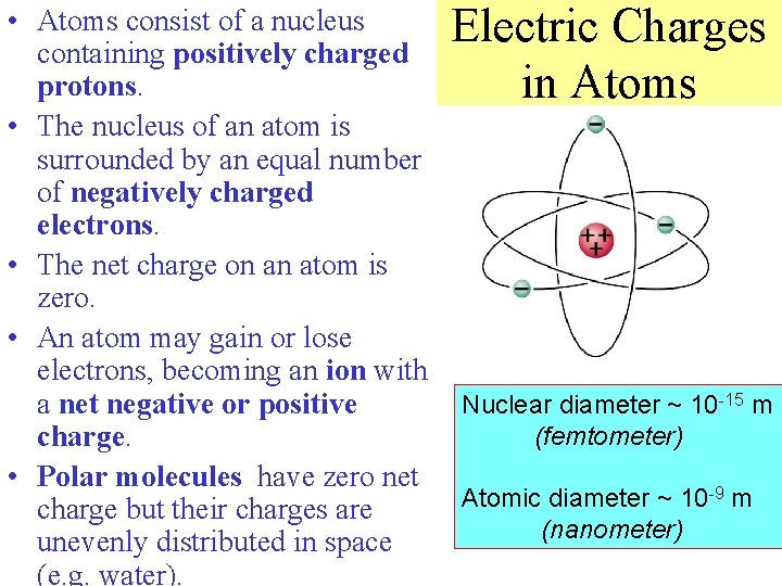  • Atoms consist of a nucleus containing positively charged protons. • The nucleus