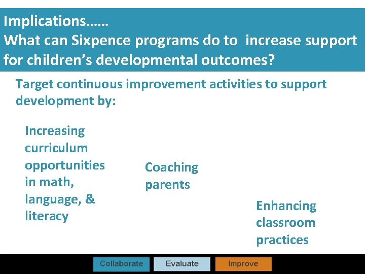 Implications…… What can Sixpence programs do to increase support for children’s developmental outcomes? Target