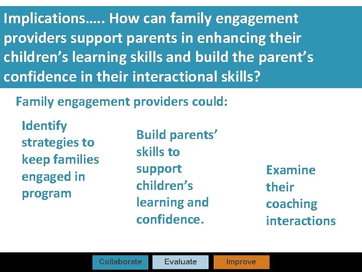 Implications…. . How can family engagement providers support parents in enhancing their children’s learning