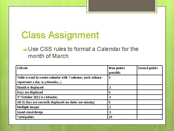 Class Assignment Use CSS rules to format a Calendar for the month of March