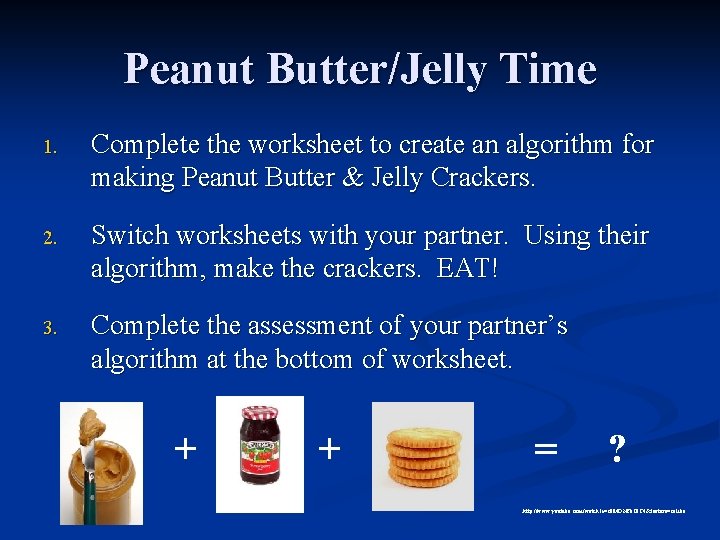 Peanut Butter/Jelly Time 1. Complete the worksheet to create an algorithm for making Peanut