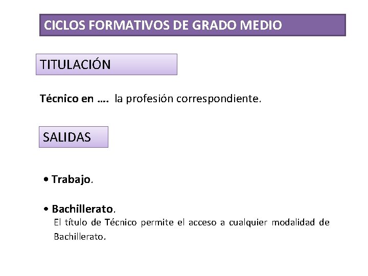 CICLOS FORMATIVOS DE GRADO MEDIO TITULACIÓN Técnico en …. la profesión correspondiente. SALIDAS •