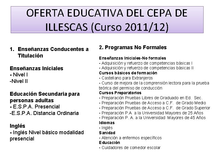 OFERTA EDUCATIVA DEL CEPA DE ILLESCAS (Curso 2011/12) 1. Enseñanzas Conducentes a Titulación Enseñanzas