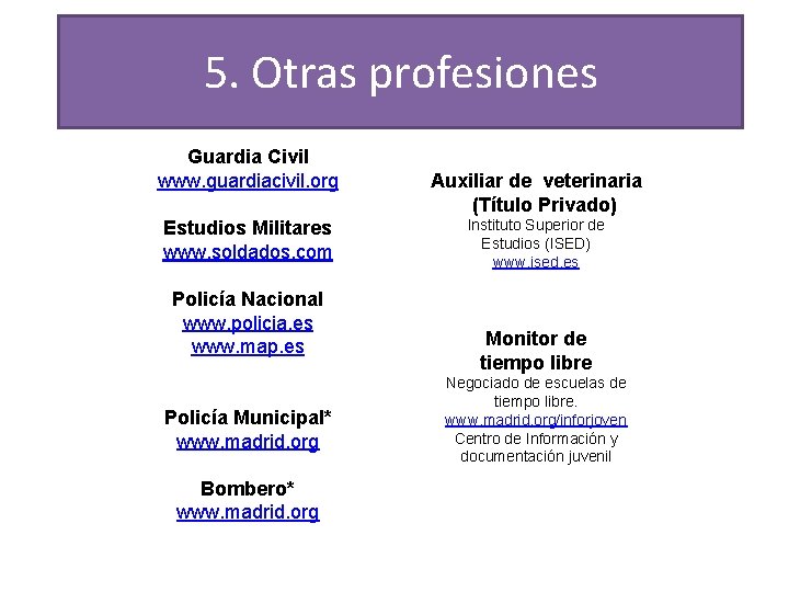 5. Otras profesiones Guardia Civil www. guardiacivil. org Estudios Militares www. soldados. com Policía