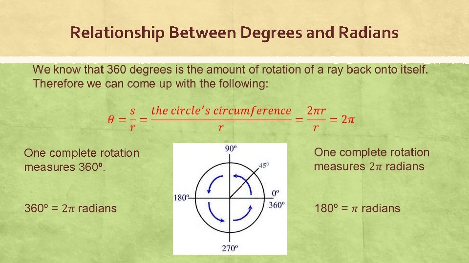 Relationship Between Degrees and Radians One complete rotation measures 360º. 