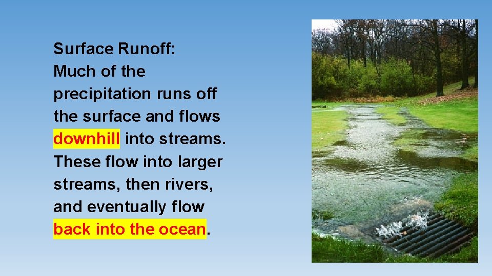 Surface Runoff: Much of the precipitation runs off the surface and flows downhill into