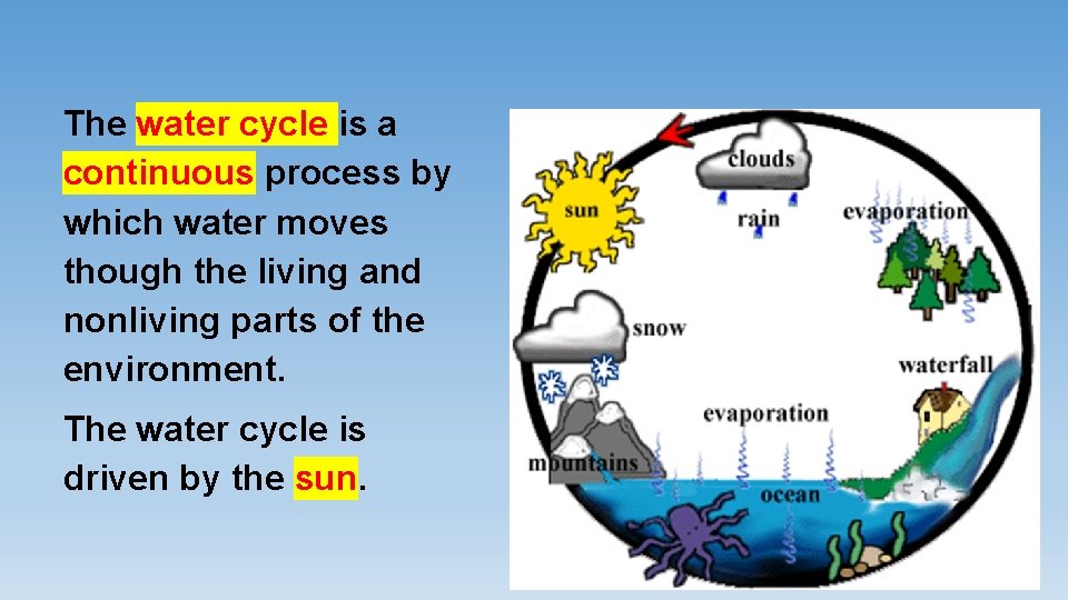 The water cycle is a continuous process by which water moves though the living
