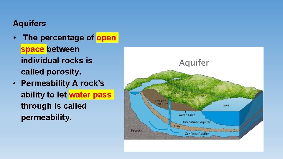 Aquifers • The percentage of open space between individual rocks is called porosity. •