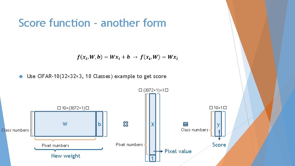 Score function - another form Use CIFAR-10(32× 3, 10 Classes) example to get score