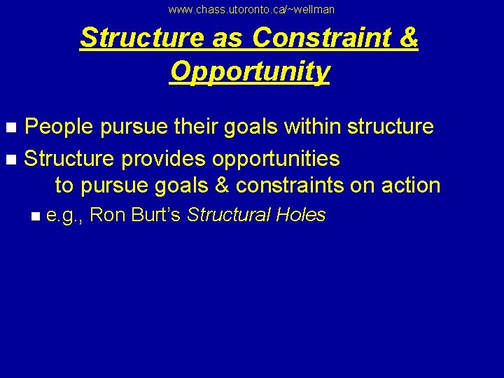 www. chass. utoronto. ca/~wellman Structure as Constraint & Opportunity People pursue their goals within