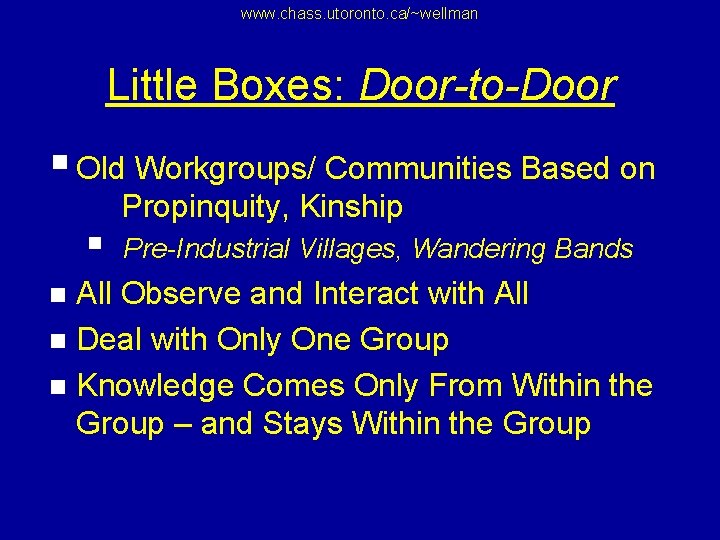 www. chass. utoronto. ca/~wellman Little Boxes: Door-to-Door § Old Workgroups/ Communities Based on §