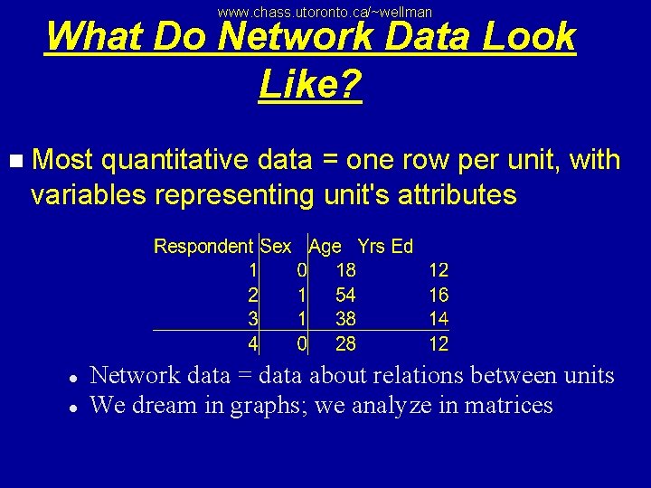 www. chass. utoronto. ca/~wellman What Do Network Data Look Like? n Most quantitative data