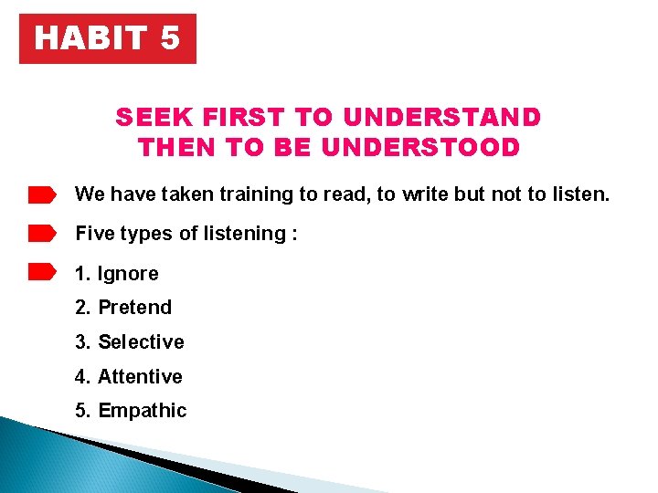 HABIT 5 SEEK FIRST TO UNDERSTAND THEN TO BE UNDERSTOOD We have taken training