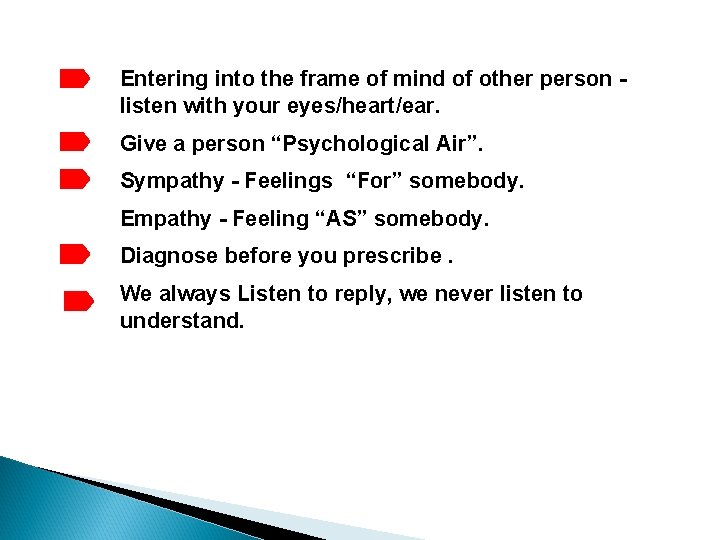 Entering into the frame of mind of other person listen with your eyes/heart/ear. Give