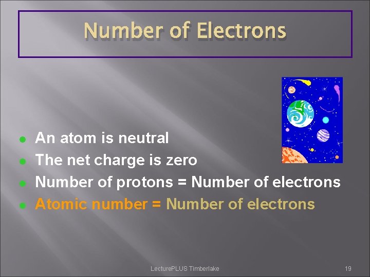 Number of Electrons l l An atom is neutral The net charge is zero