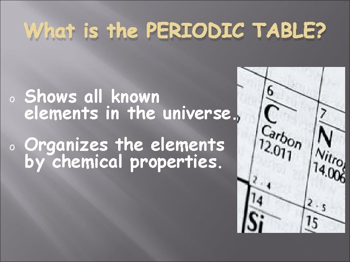 What is the PERIODIC TABLE? o o Shows all known elements in the universe.