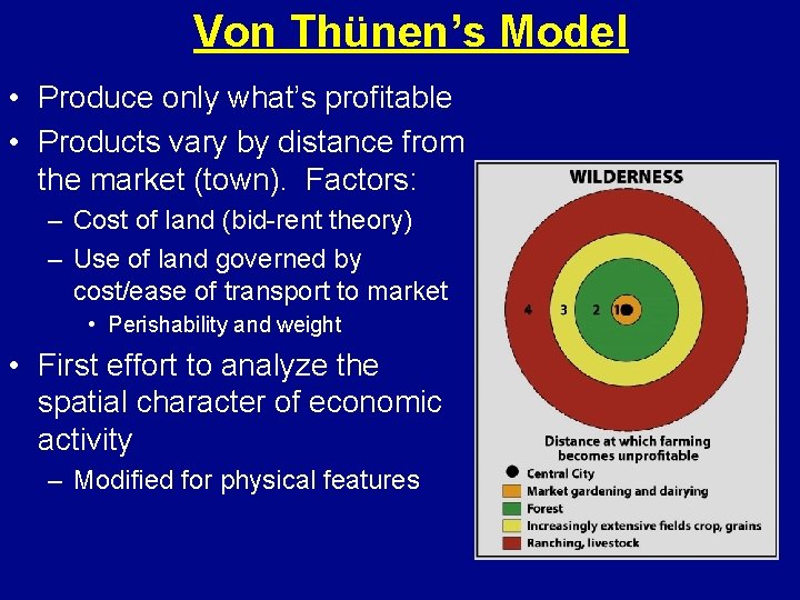 Von Thünen’s Model • Produce only what’s profitable • Products vary by distance from