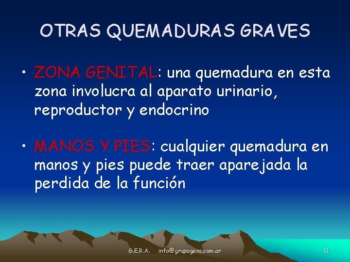 OTRAS QUEMADURAS GRAVES • ZONA GENITAL: una quemadura en esta zona involucra al aparato