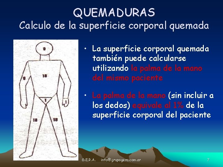 QUEMADURAS Calculo de la superficie corporal quemada • La superficie corporal quemada también puede