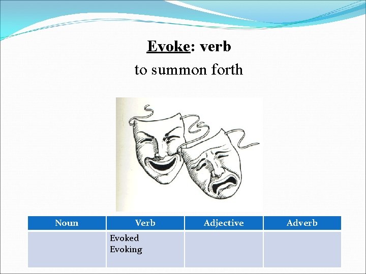 Evoke: verb to summon forth Noun Verb Evoked Evoking Adjective Adverb 