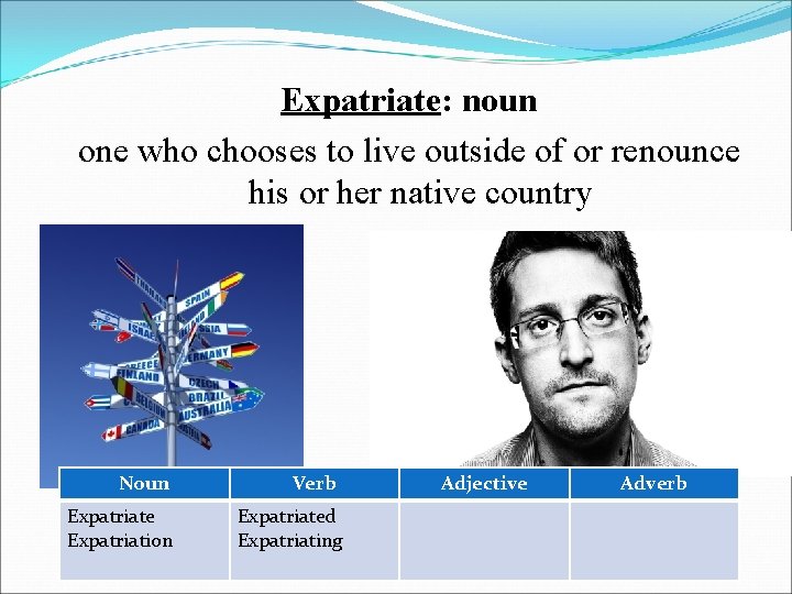 Expatriate: noun one who chooses to live outside of or renounce his or her