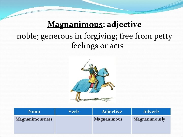 Magnanimous: adjective noble; generous in forgiving; free from petty feelings or acts Noun Magnanimousness