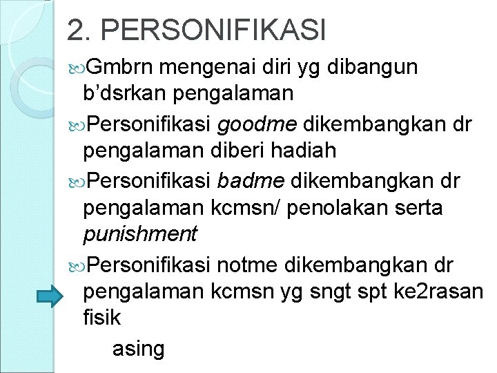 2. PERSONIFIKASI Gmbrn mengenai diri yg dibangun b’dsrkan pengalaman Personifikasi goodme dikembangkan dr pengalaman