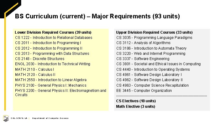 BS Curriculum (current) – Major Requirements (93 units) Lower Division Required Courses (39 units)