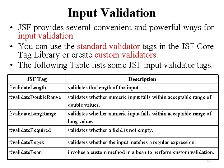 Input Validation • JSF provides several convenient and powerful ways for input validation. • Input Validation • JSF provides several convenient and powerful ways for input validation. •
