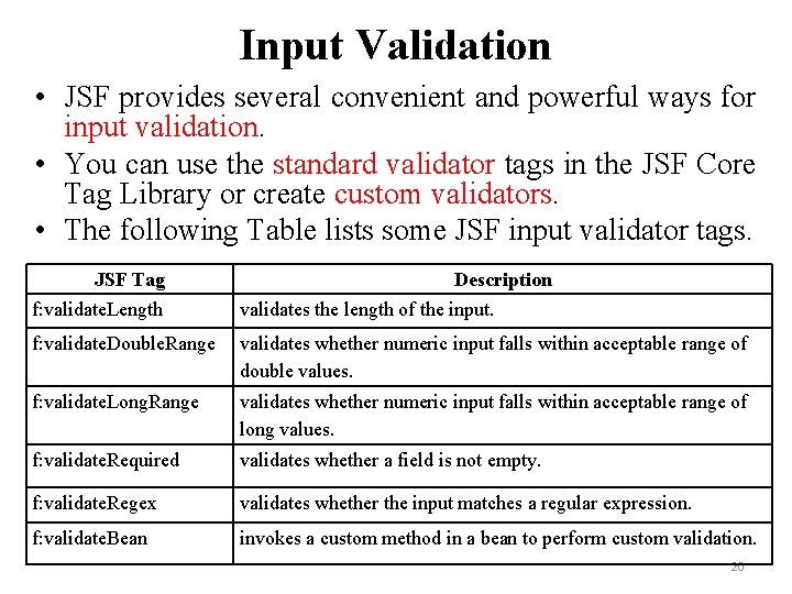 Input Validation • JSF provides several convenient and powerful ways for input validation. •