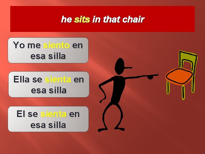 he sits in that chair Yo me siento en esa silla Ella se sienta