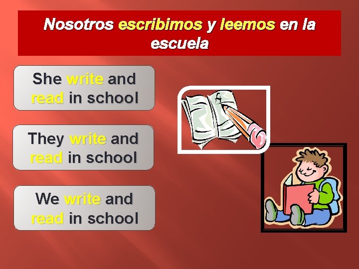 Nosotros escribimos y leemos en la escuela She write and read in school They