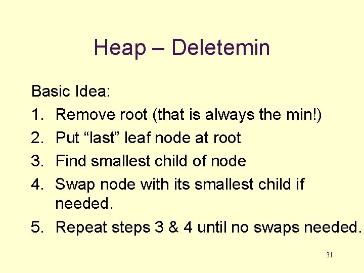 Heap – Deletemin Basic Idea: 1. Remove root (that is always the min!) 2.