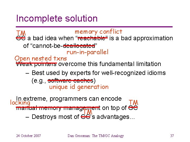 Incomplete solution memory conflict TM GC a bad idea when “reachable” is a bad