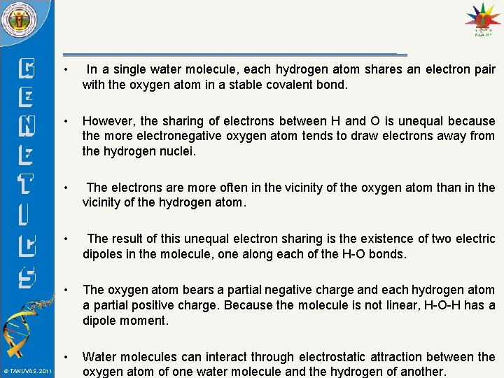 © TANUVAS, 2011 • In a single water molecule, each hydrogen atom shares an