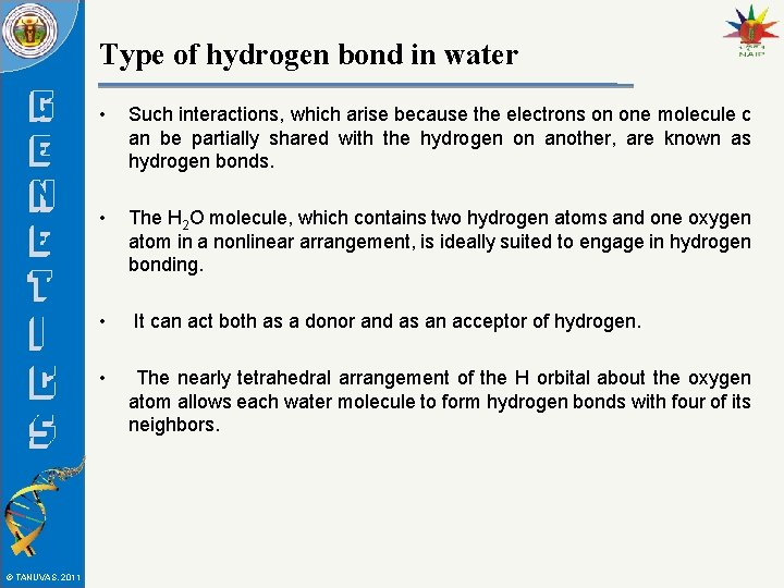 Type of hydrogen bond in water © TANUVAS, 2011 • Such interactions, which arise