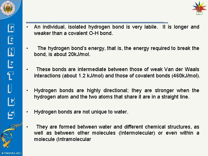 © TANUVAS, 2011 • An individual, isolated hydrogen bond is very labile. It is