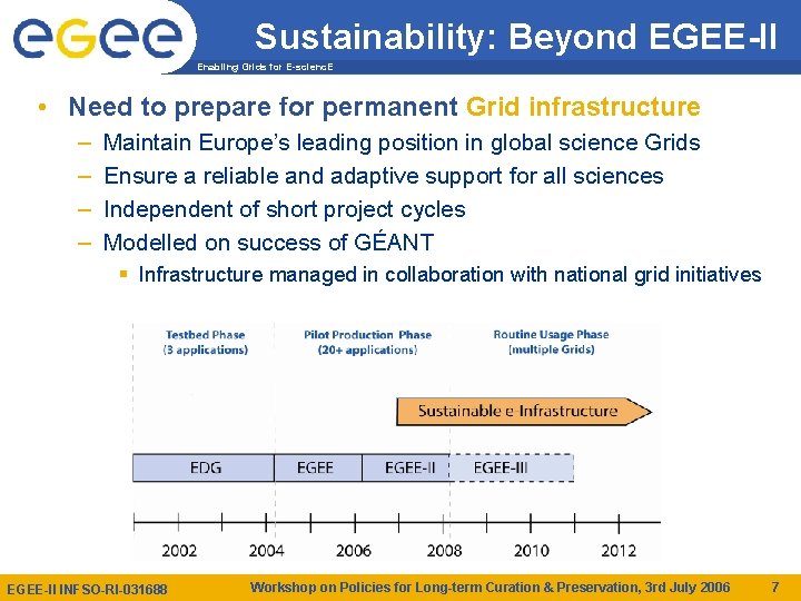 Sustainability: Beyond EGEE-II Enabling Grids for E-scienc. E • Need to prepare for permanent