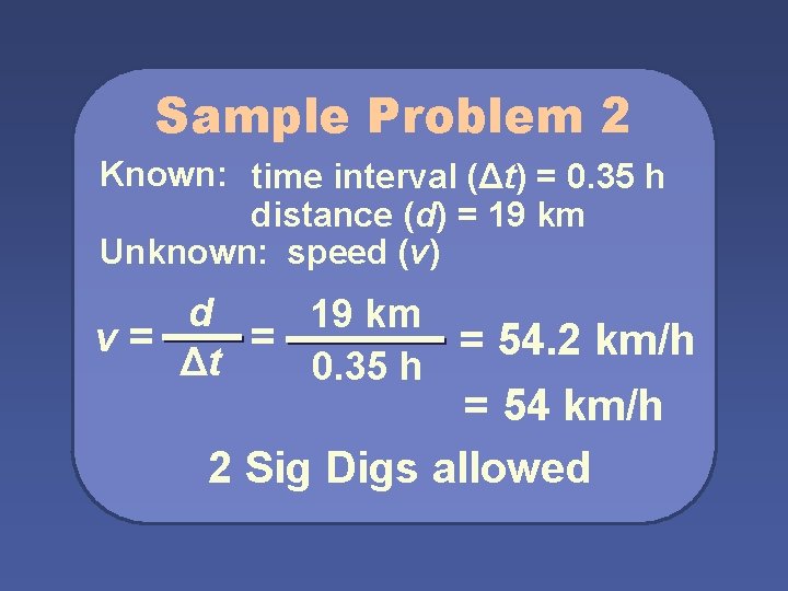 Sample Problem 2 Known: time interval (Δt) = 0. 35 h distance (d) =