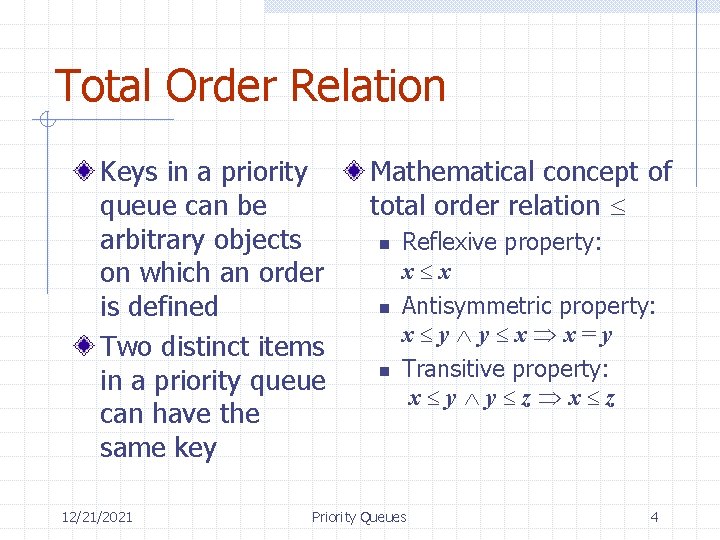 Total Order Relation Keys in a priority queue can be arbitrary objects on which