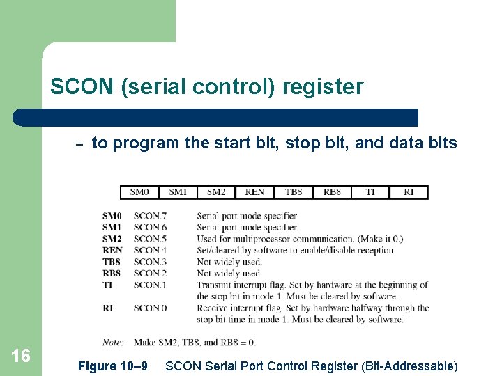 SCON (serial control) register – 16 to program the start bit, stop bit, and