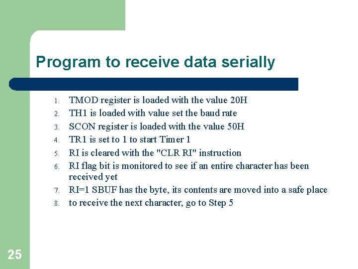 Program to receive data serially 1. 2. 3. 4. 5. 6. 7. 8. 25