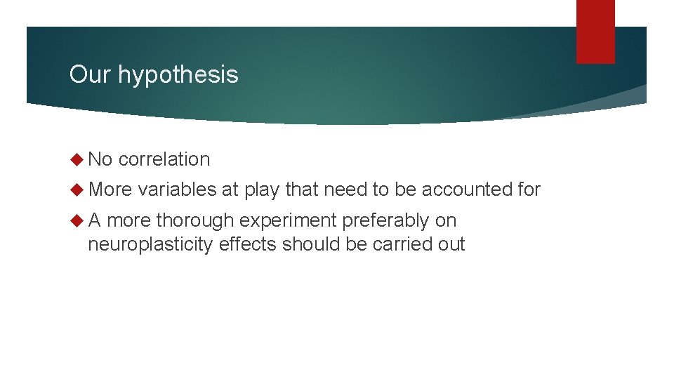 Our hypothesis No correlation More A variables at play that need to be accounted