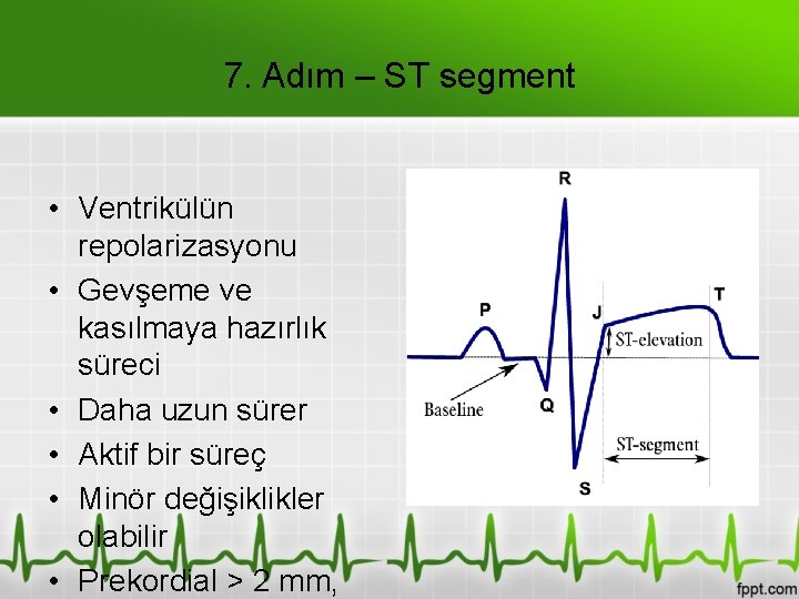 7. Adım – ST segment • Ventrikülün repolarizasyonu • Gevşeme ve kasılmaya hazırlık süreci