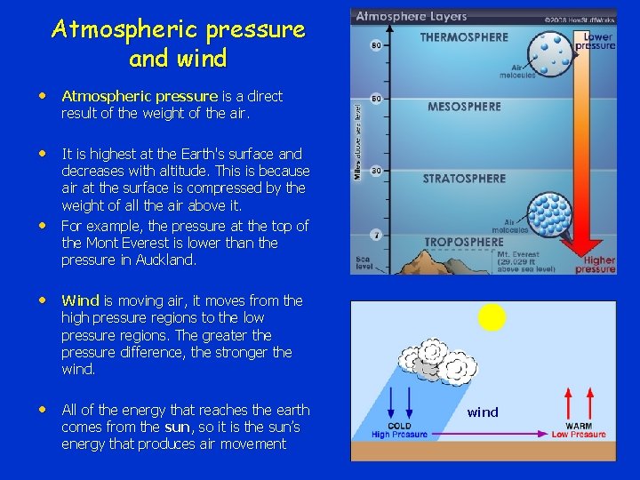 Atmospheric pressure and wind • Atmospheric pressure is a direct result of the weight