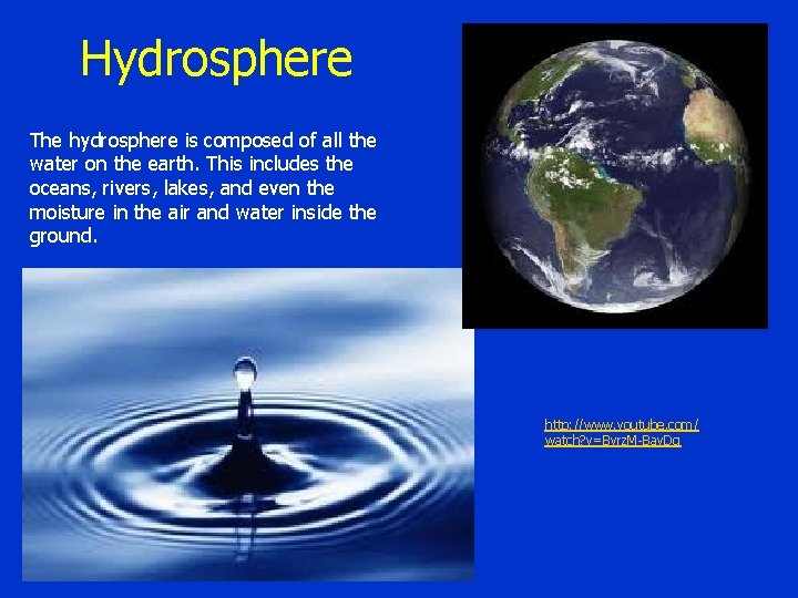 Hydrosphere The hydrosphere is composed of all the water on the earth. This includes