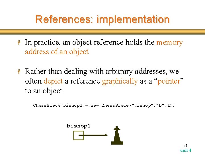 References: implementation H In practice, an object reference holds the memory address of an