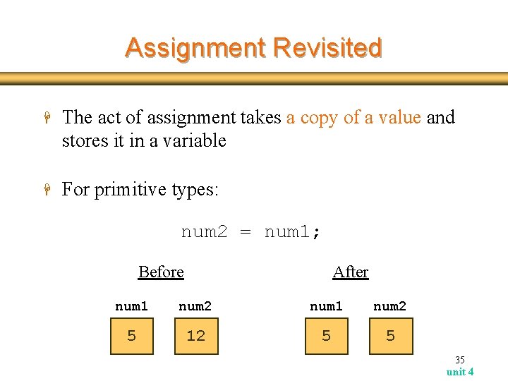 Assignment Revisited H The act of assignment takes a copy of a value and