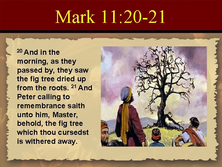 Mark 11: 20 -21 20 And in the morning, as they passed by, they